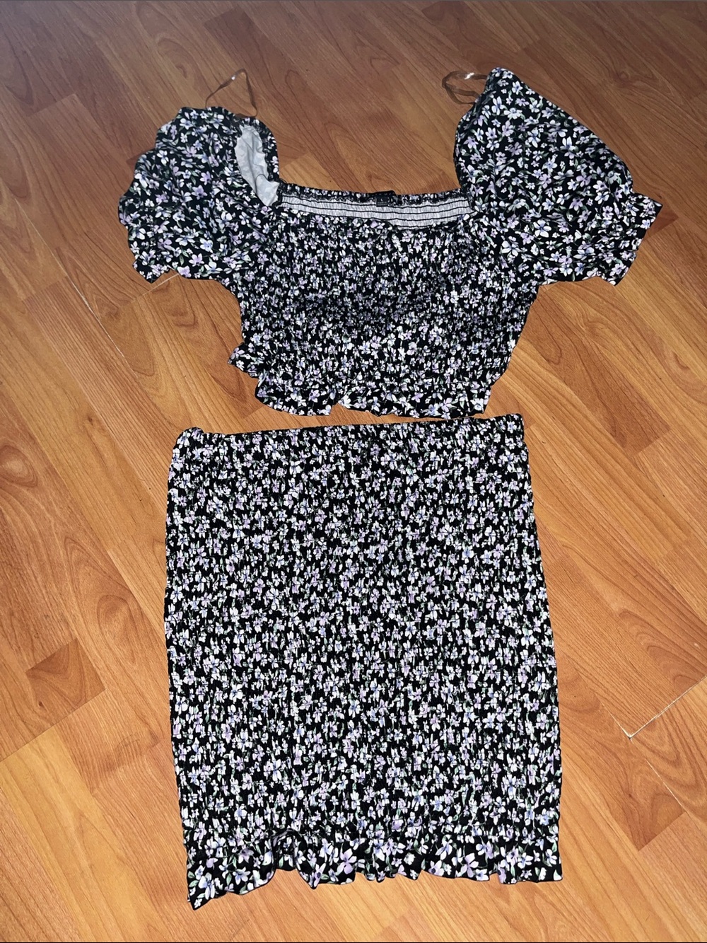 Haute Monde Black Two-Piece Floral Smocked Set with Lavender Accents